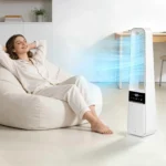 Wentylator wieżowy AIORBER bez łopatek, cichy, z pilotem, 24 prędkości, 3 tryby pracy, 12-godzinny timer, wyświetlacz LED, funkcja oscylacji, designerski wentylator w kolorze białym